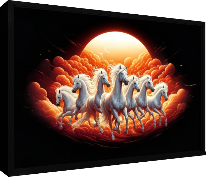 Seven majestic white horses galloping forward against a massive glowing orange sunrise and fiery red clouds. — floater frame preview | PrintPosters.in